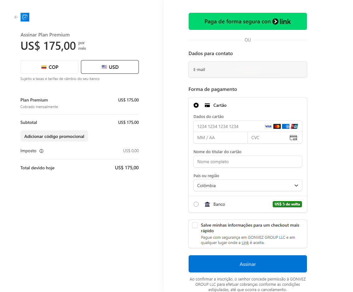 Formulário de pagamento para assinar um plano do CitaPro