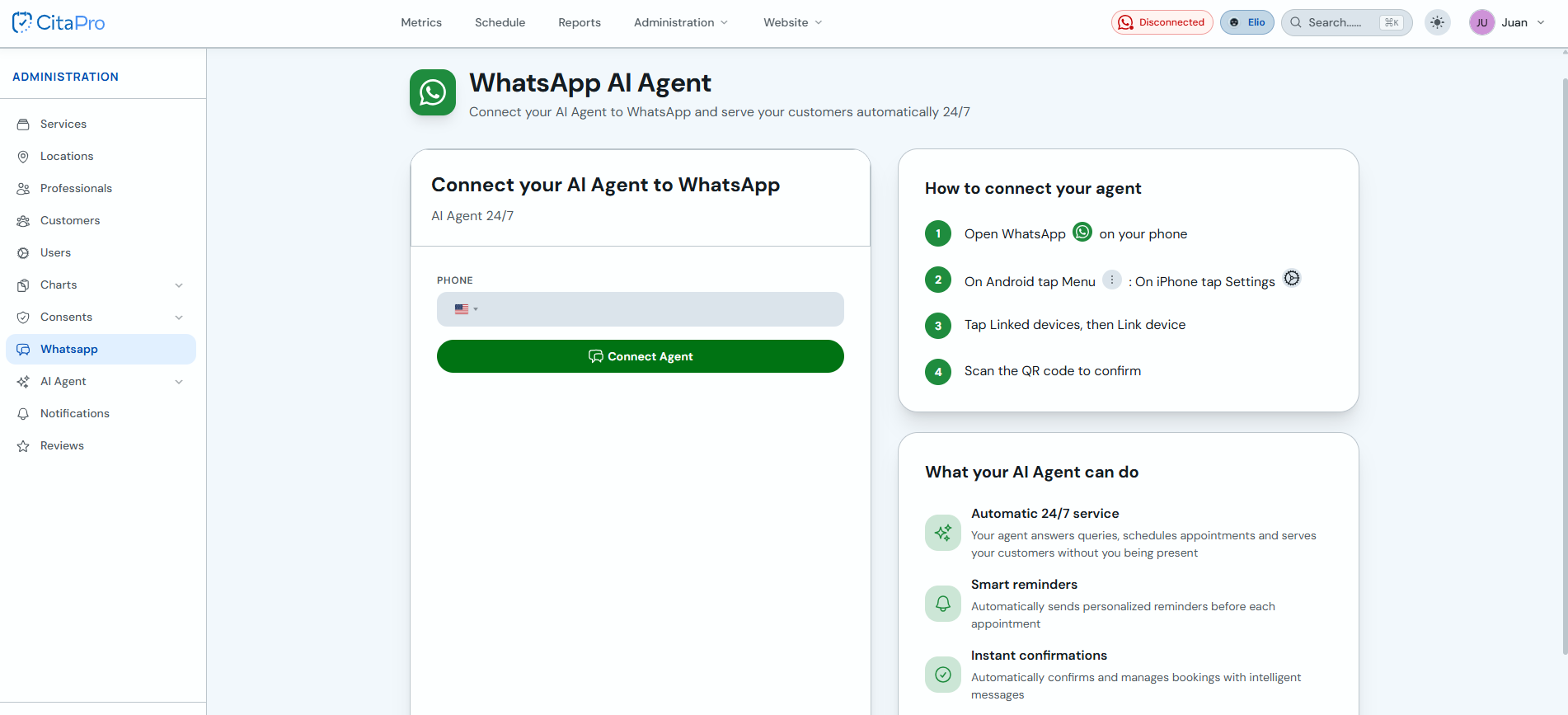 WhatsApp AI Agent screen with phone field and Connect Agent button