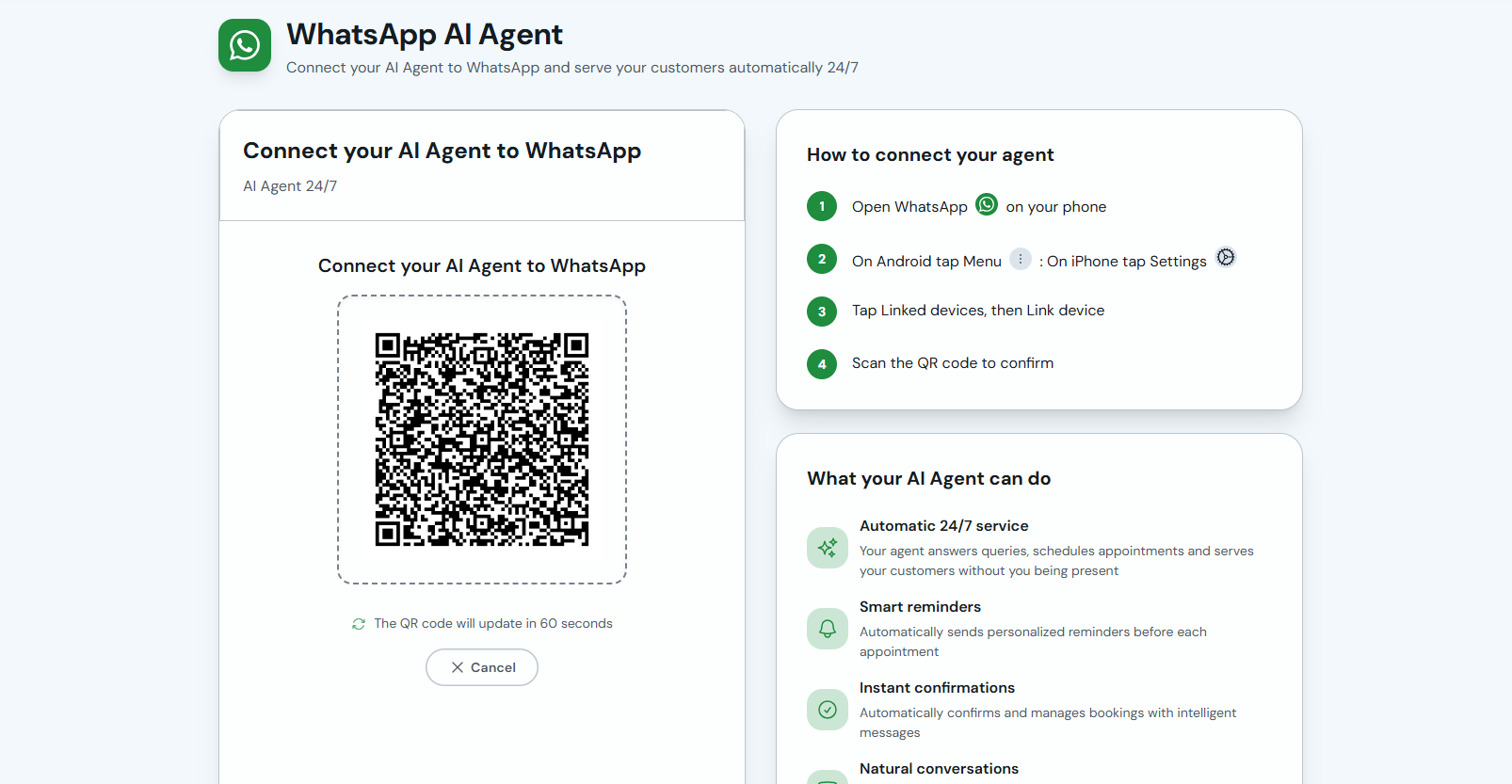 QR code to link WhatsApp with the AI Agent