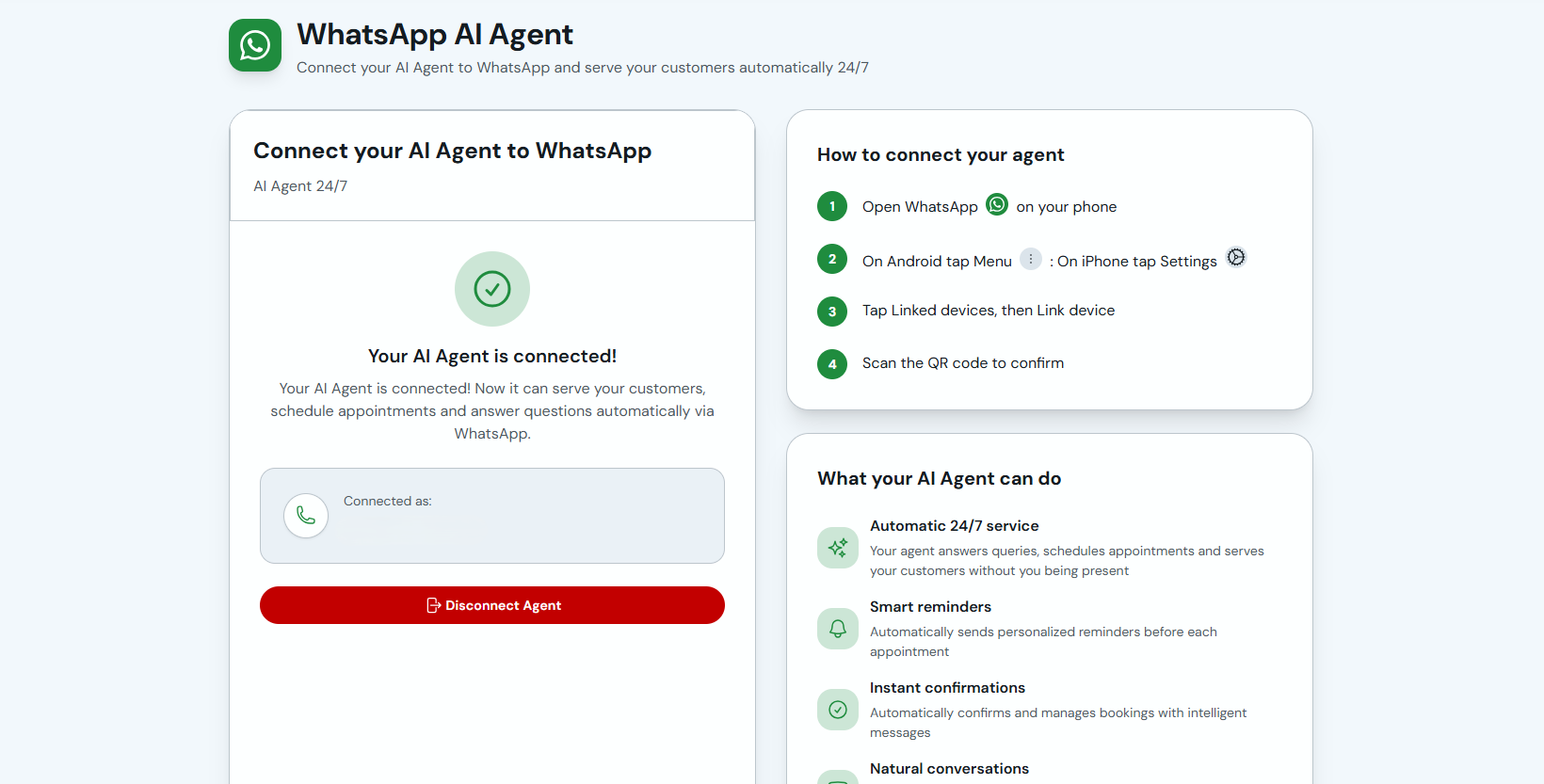 WhatsApp AI Agent connected confirmation in CitaPro