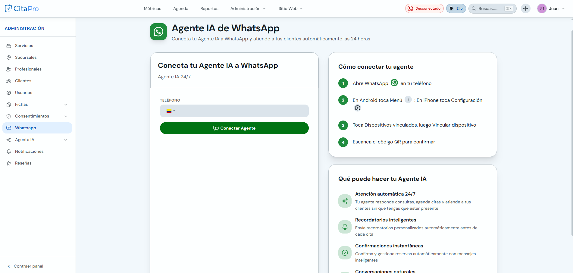 Pantalla Agente IA de WhatsApp con campo de teléfono y botón Conectar Agente