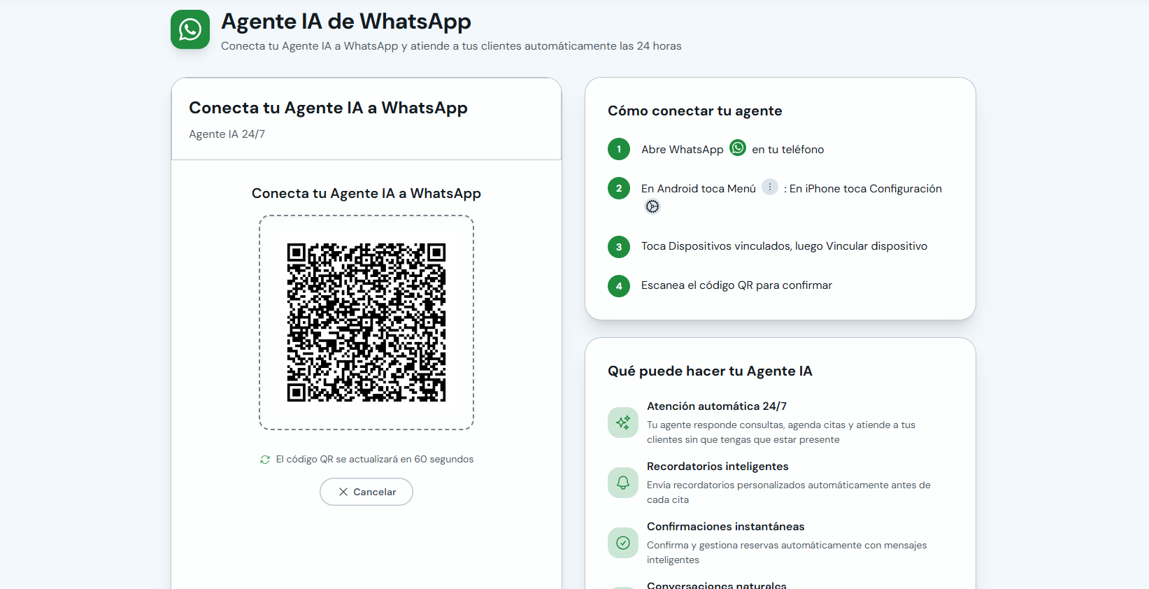 Código QR para vincular WhatsApp con el Agente IA