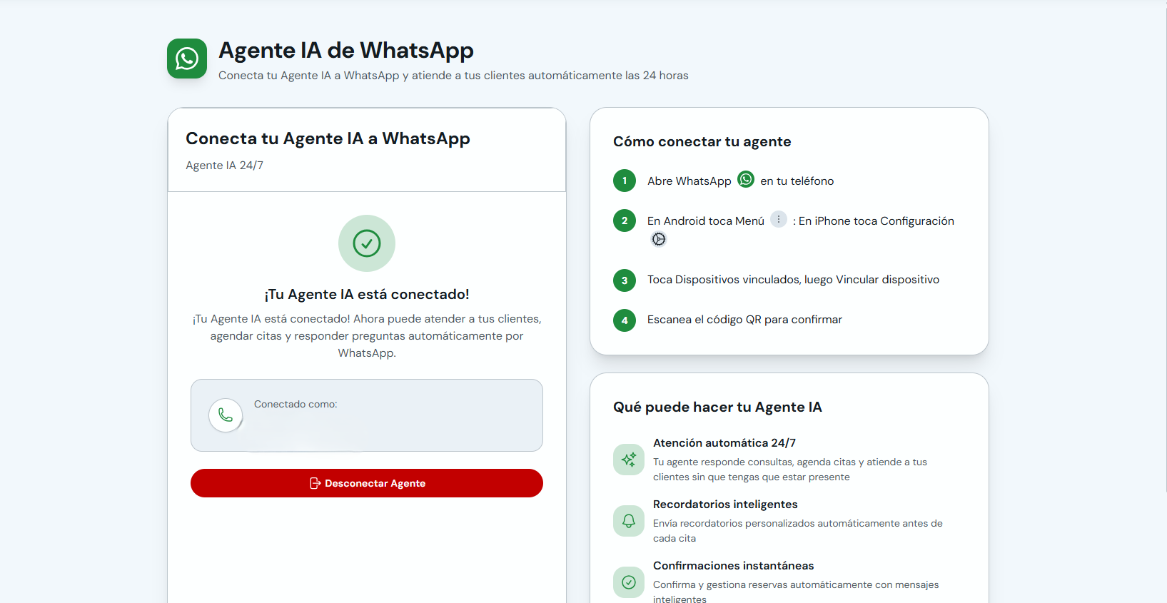 Confirmación de Agente IA de WhatsApp conectado en CitaPro