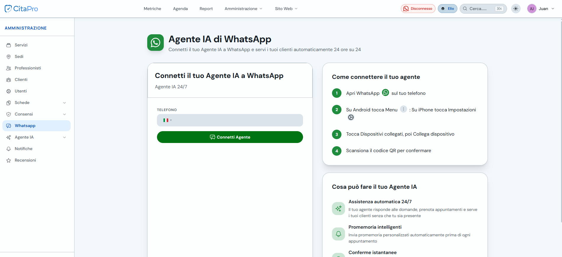 Schermata Agente IA WhatsApp con campo telefono e pulsante Connetti agente