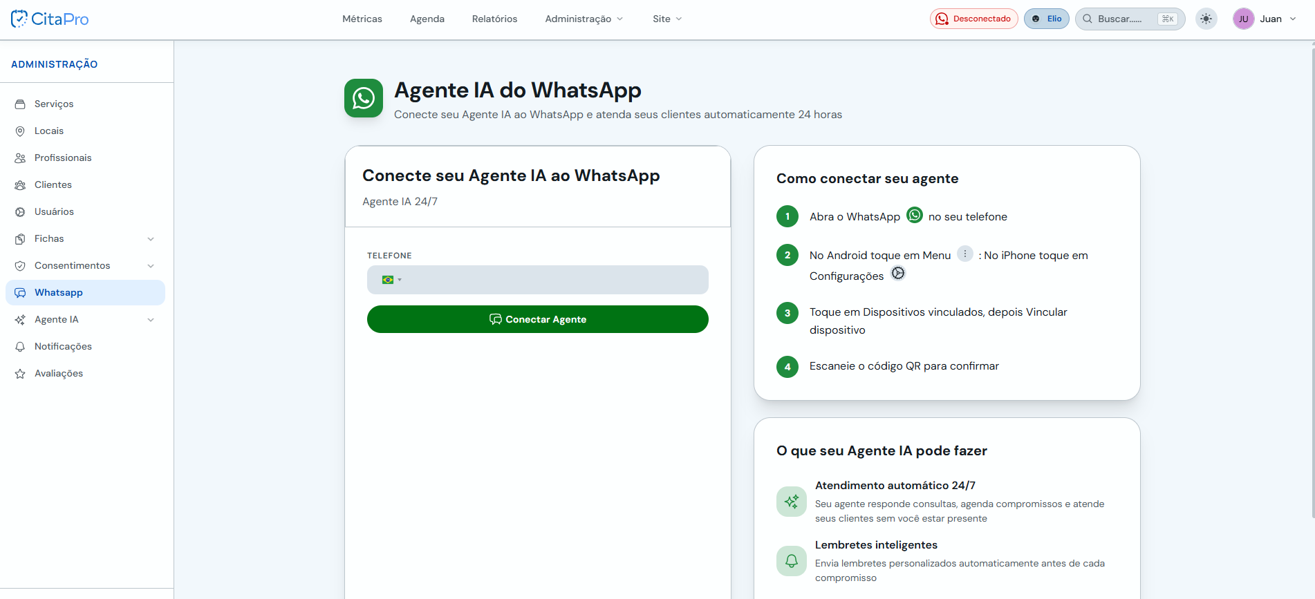 Tela Agente IA do WhatsApp com campo de telefone e botão Conectar Agente