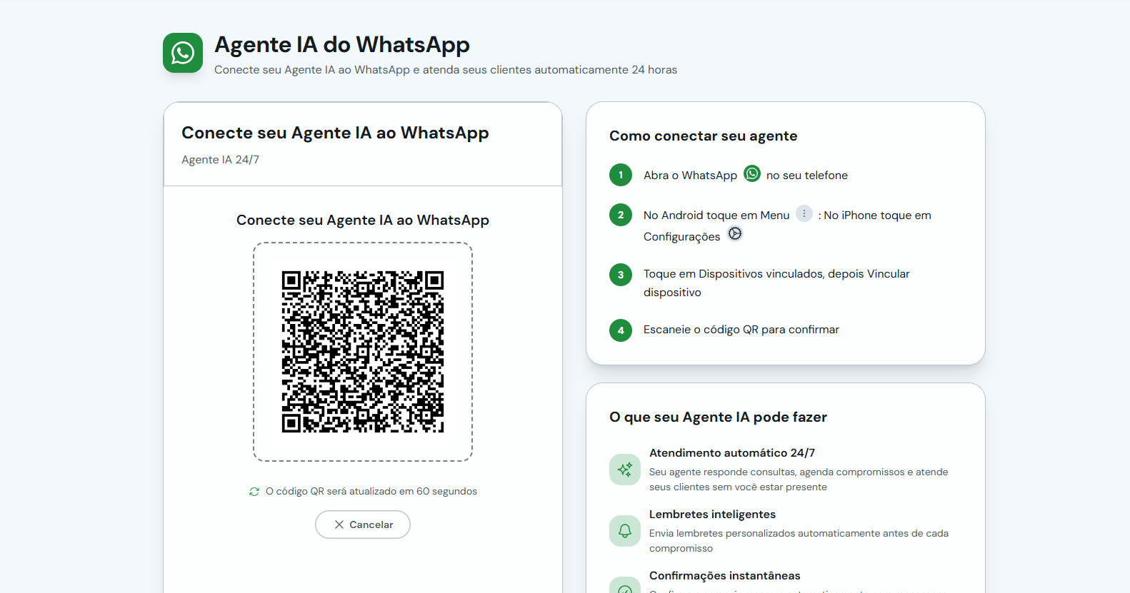 Código QR para vincular o WhatsApp ao Agente IA