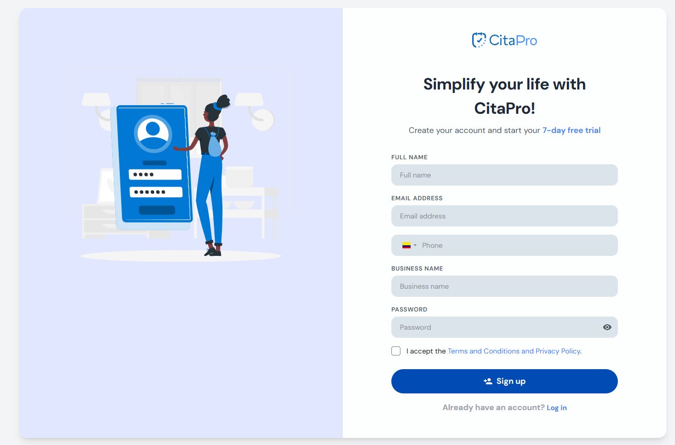 CitaPro registration form with business details