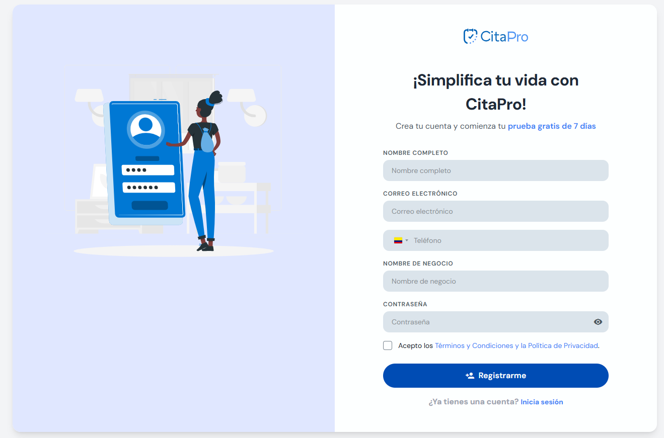 Formulario de registro de CitaPro con los datos del negocio