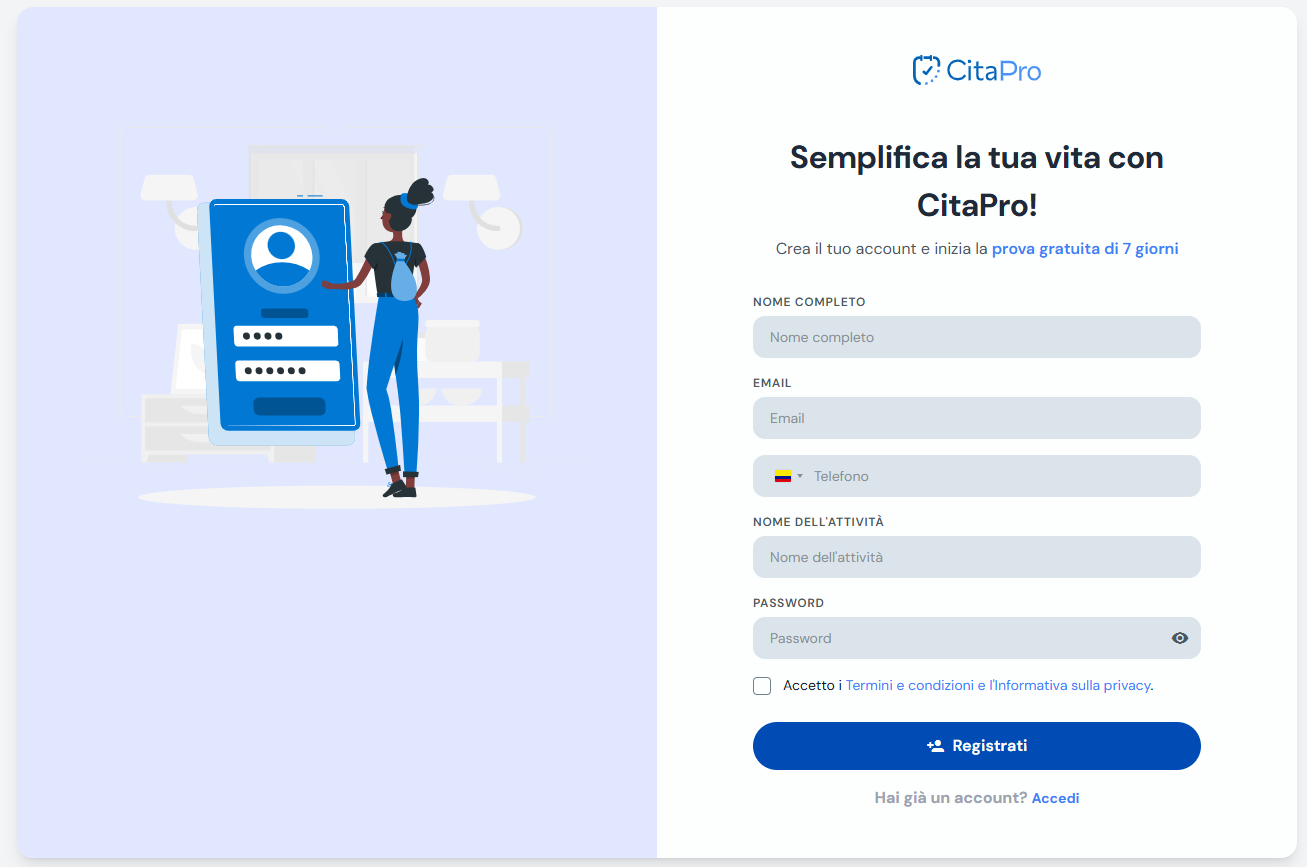 Modulo di registrazione CitaPro con i dati dell'attività