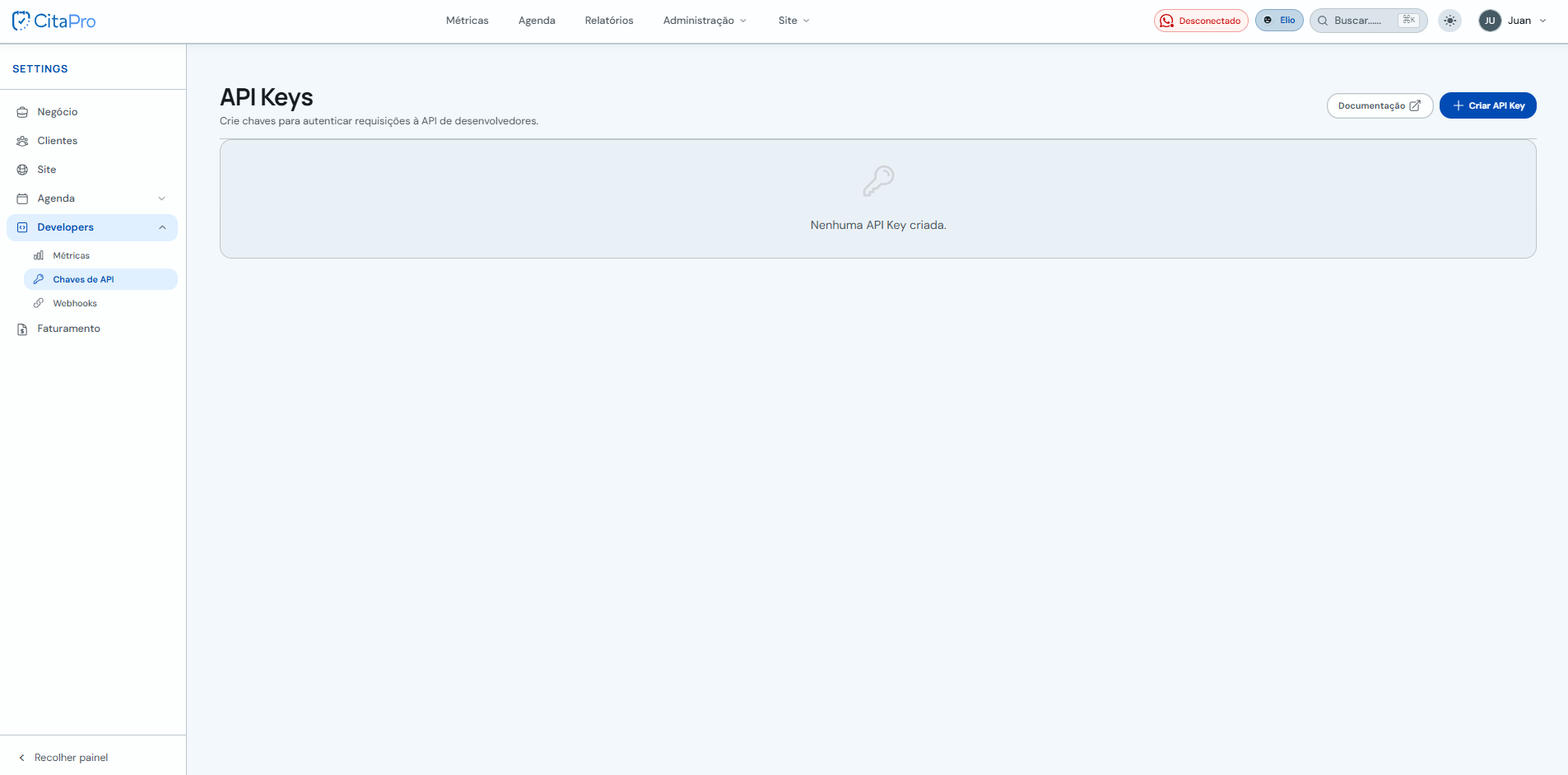 Seção Chaves API em Configurações