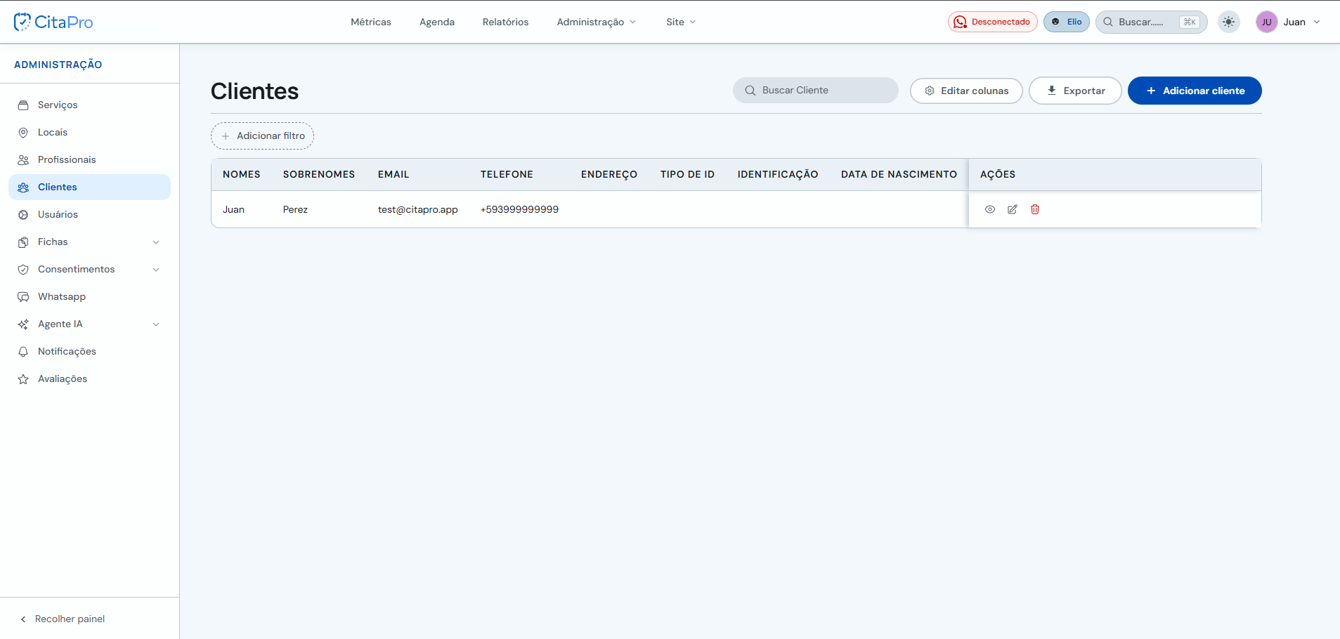 Lista de clientes em Administração