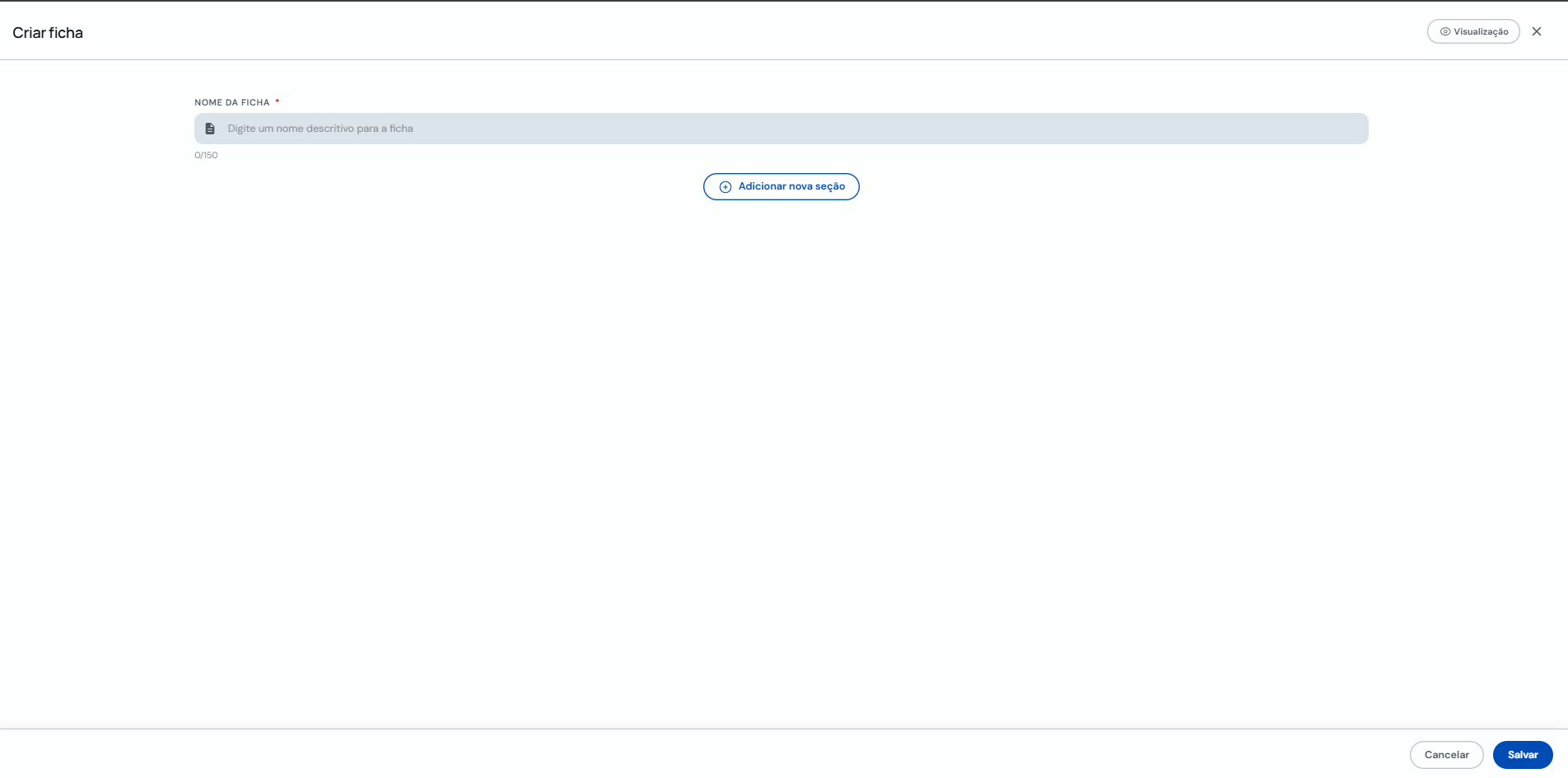 Tela Criar ficha a partir do perfil do cliente