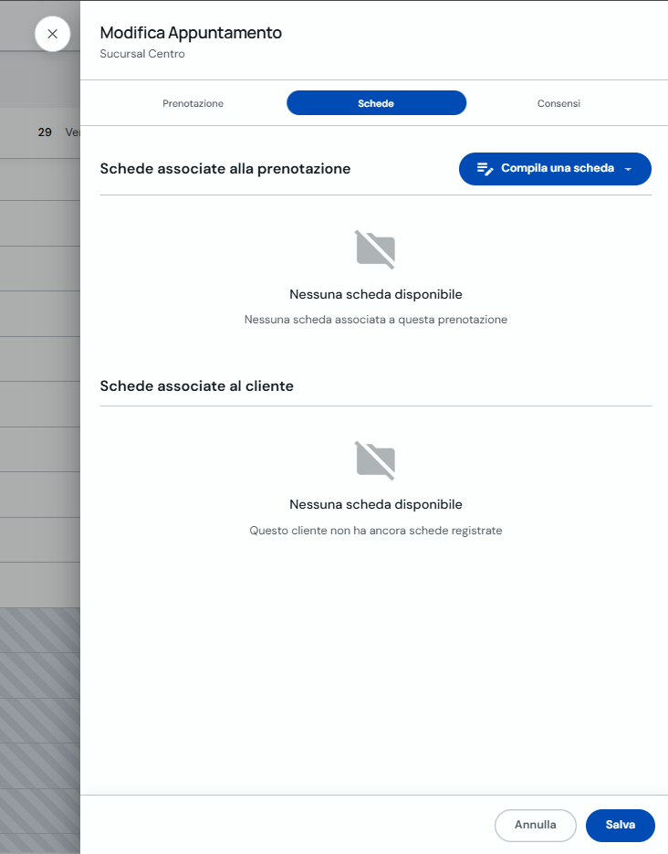 Scheda Schede della prenotazione con pulsante Compila una scheda