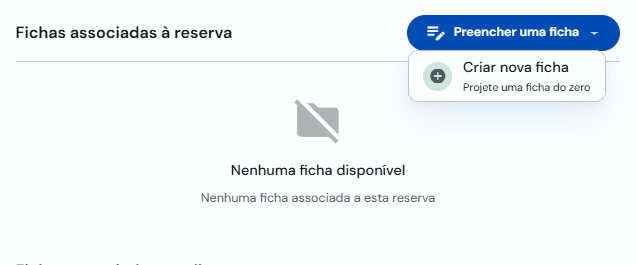 Menu Preencher uma ficha na reserva com Criar nova ficha