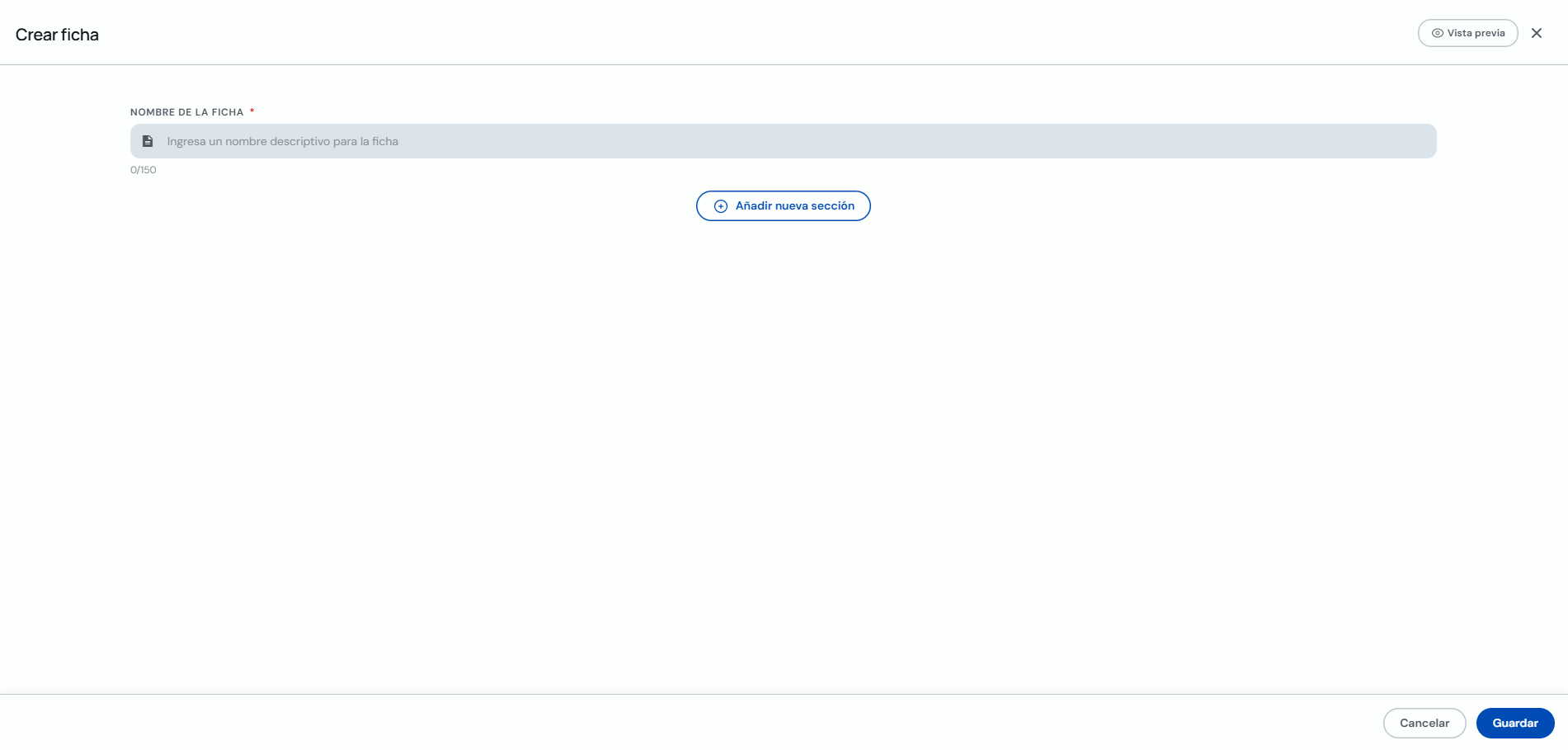 Pantalla Crear ficha con nombre y botón añadir sección