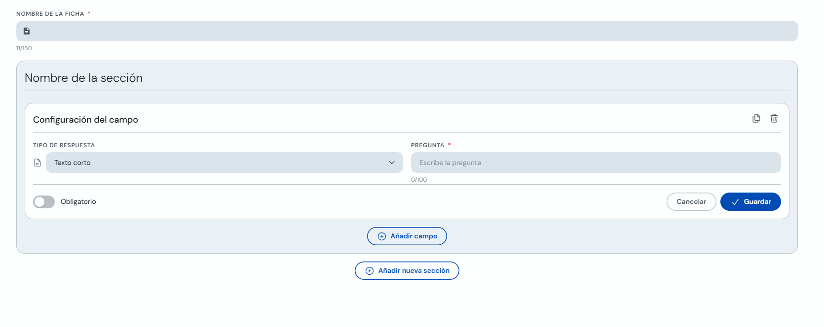 Configuración de un campo con tipo de respuesta y pregunta