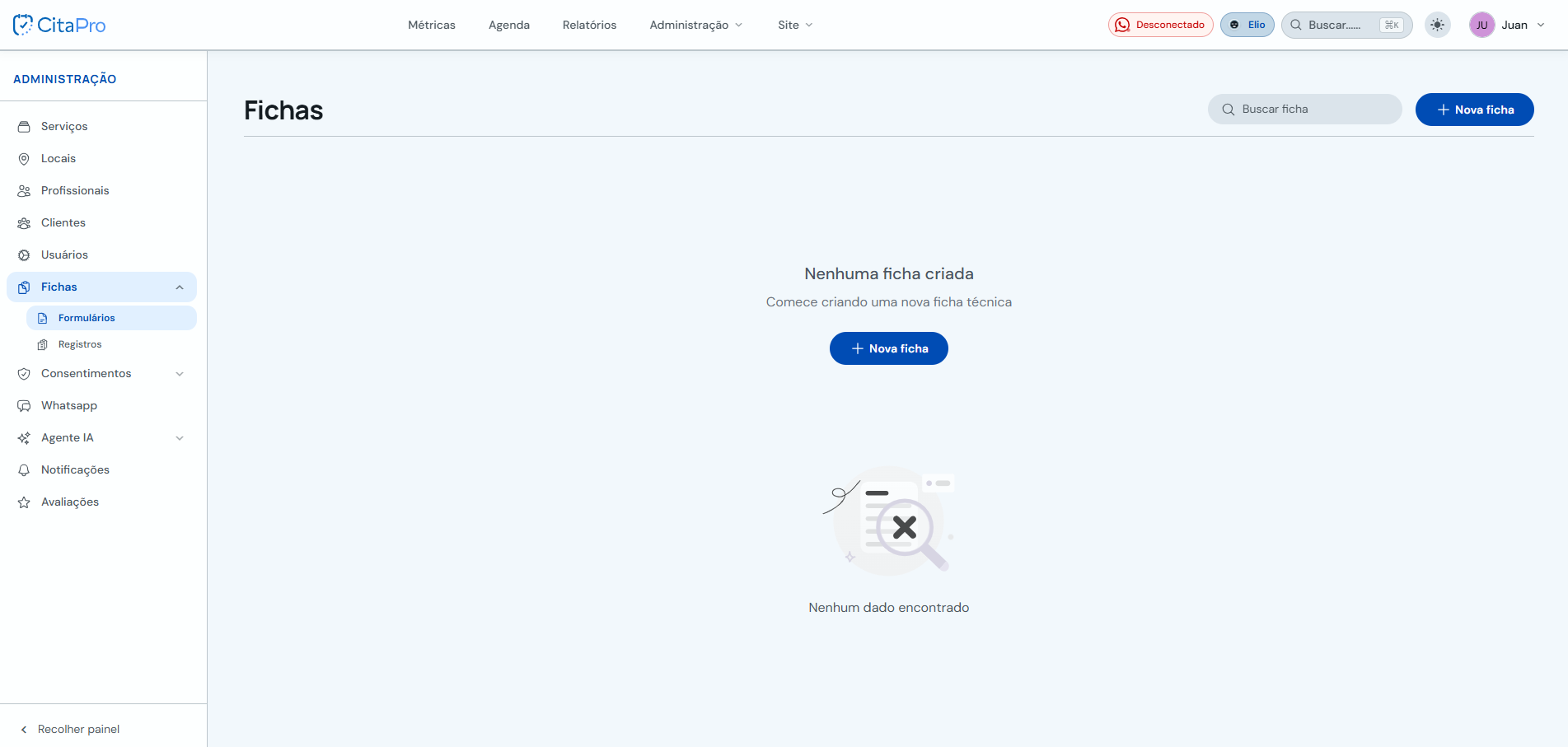 Lista de fichas com o botão Nova ficha