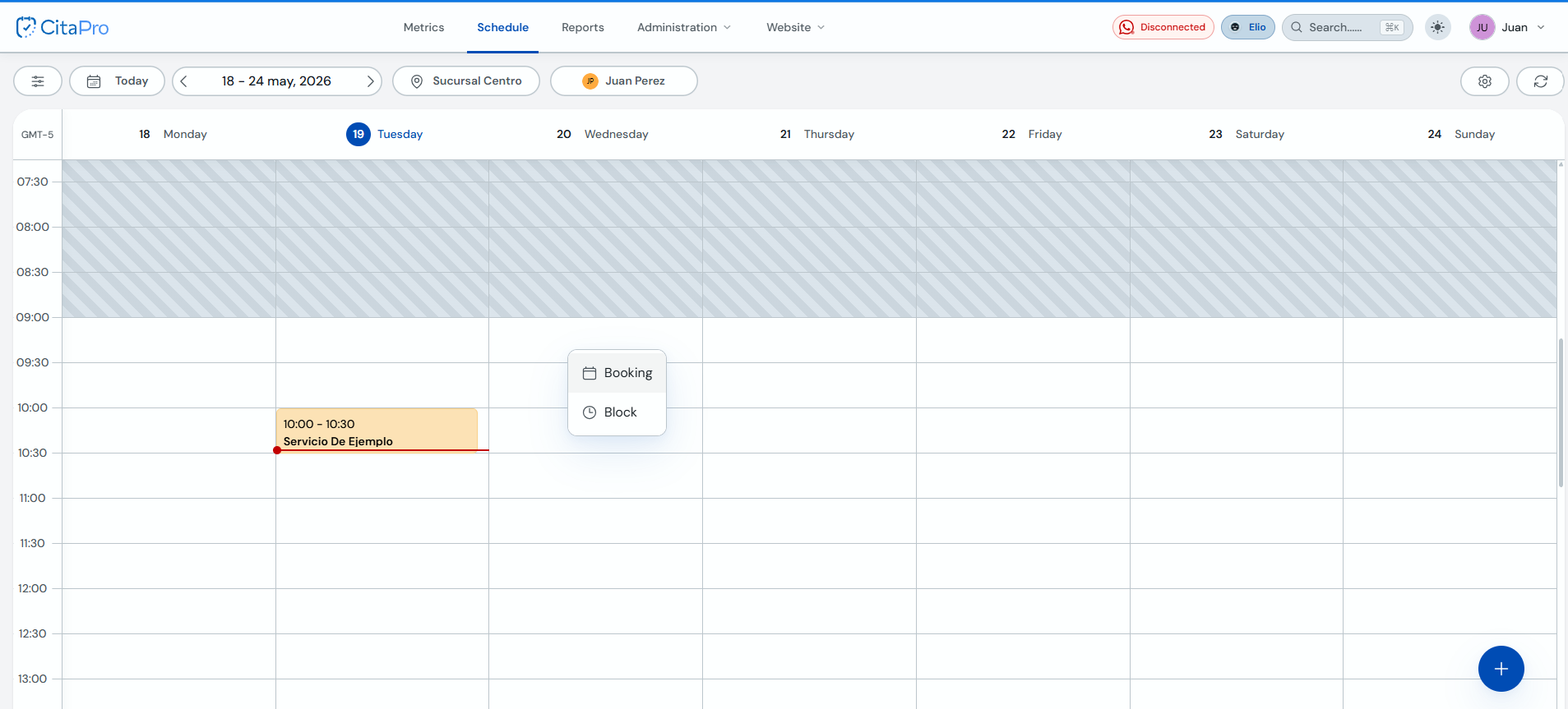 Context menu with Booking and Block options