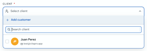 Client selector with the Add client option