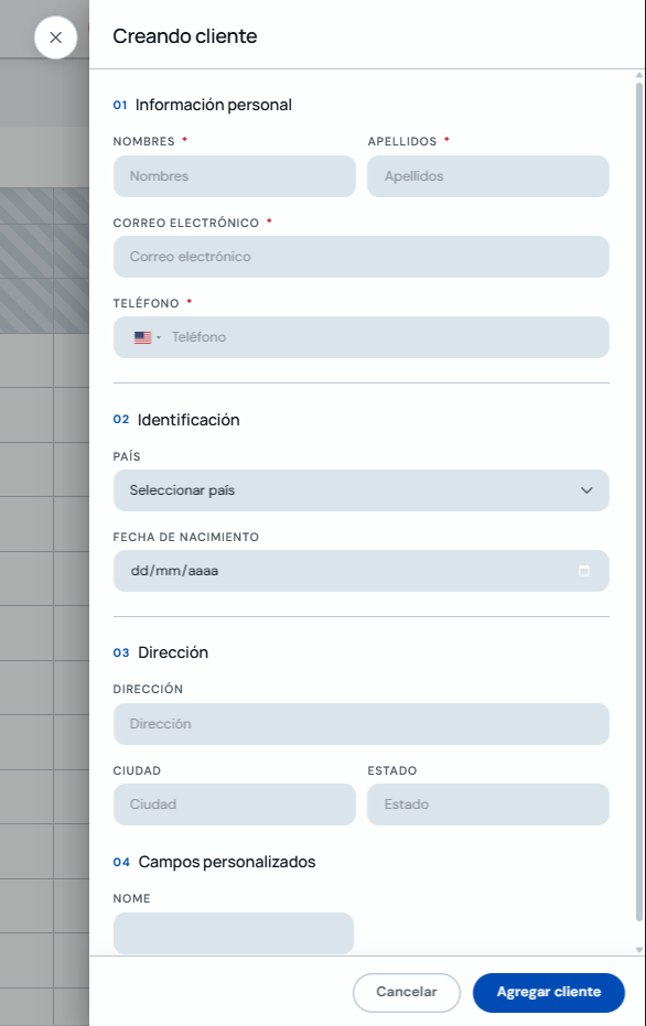 Formulario Creando cliente con botón Agregar cliente