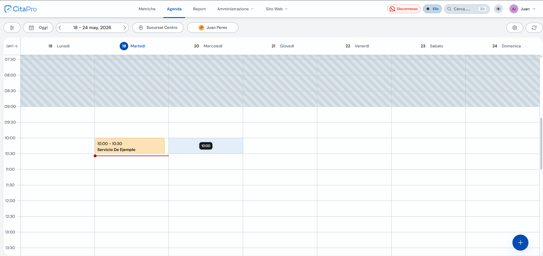 Vista agenda settimanale con slot disponibili