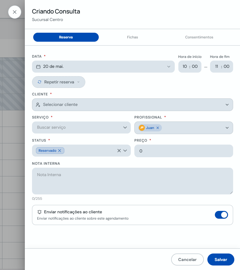 Formulário Criando Consulta com o campo Cliente