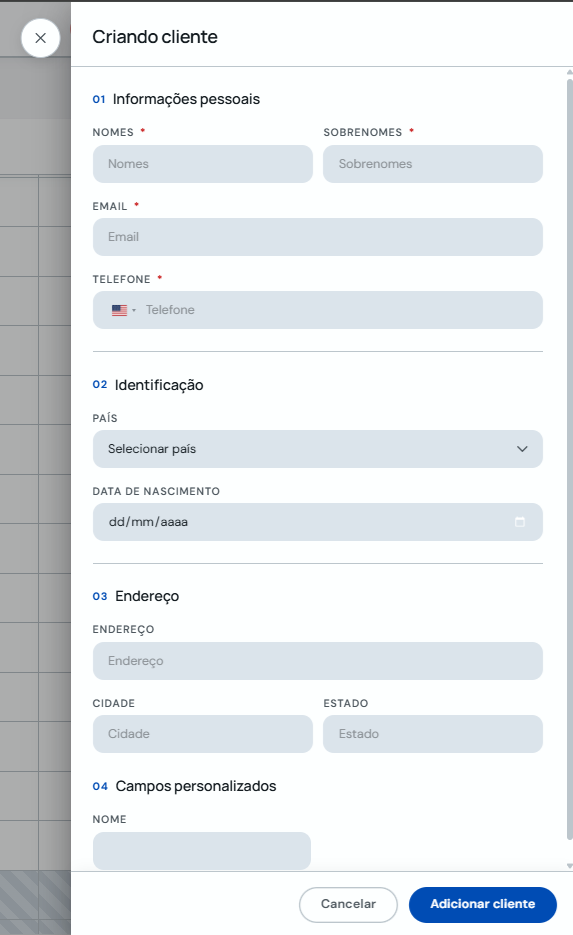 Formulário Criando cliente com botão Adicionar cliente