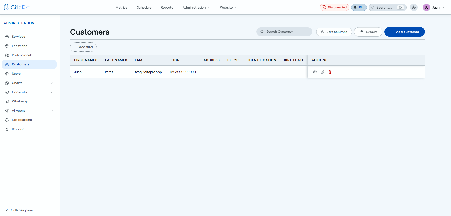 Clients section with the New client button