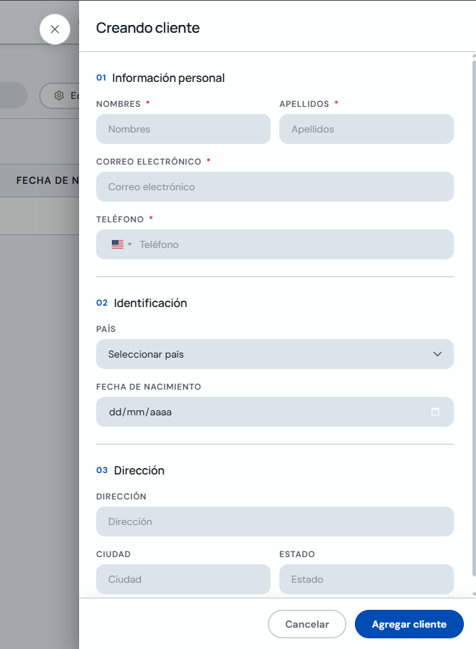 Formulario para crear un nuevo cliente en CitaPro