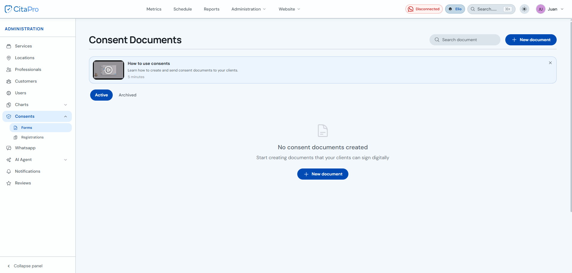 Consent documents list with New document button