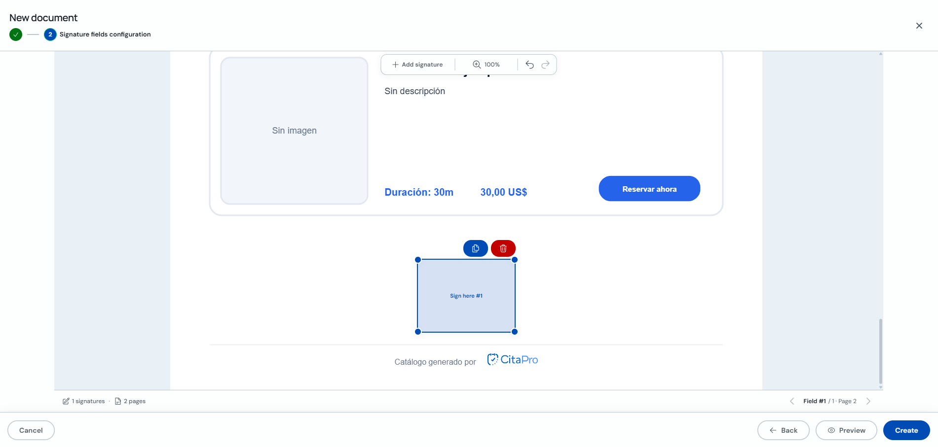 Signature field editor on the consent PDF