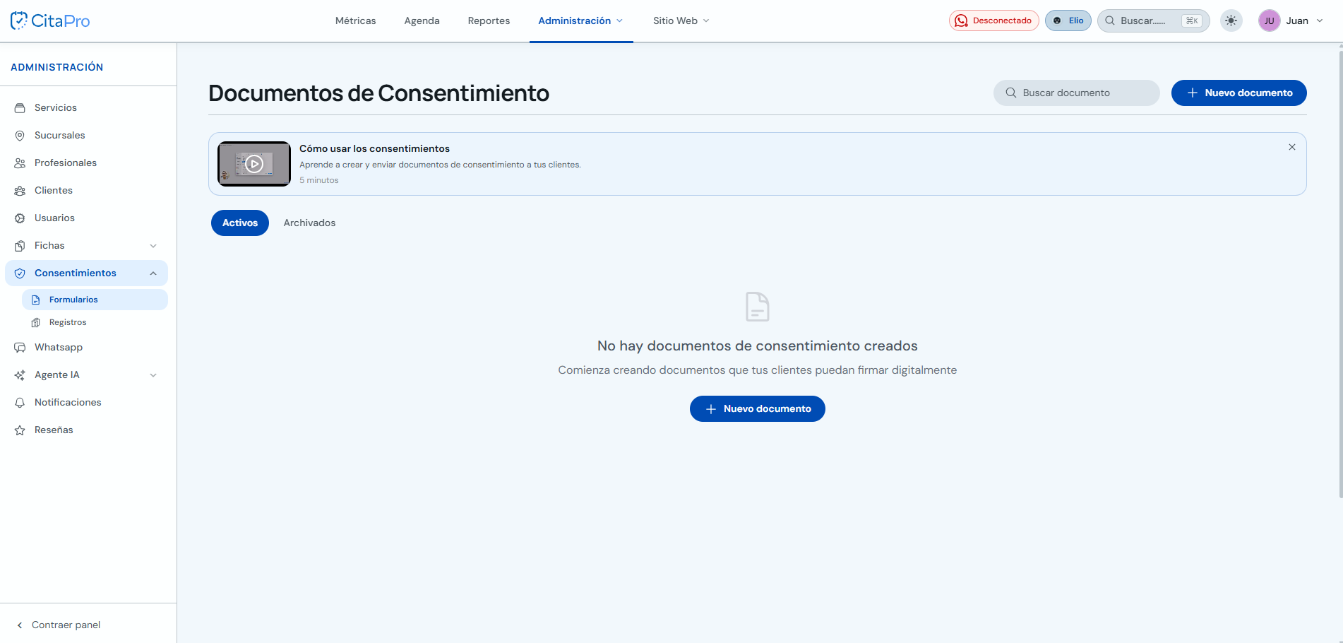 Listado de documentos de consentimiento con botón Nuevo documento