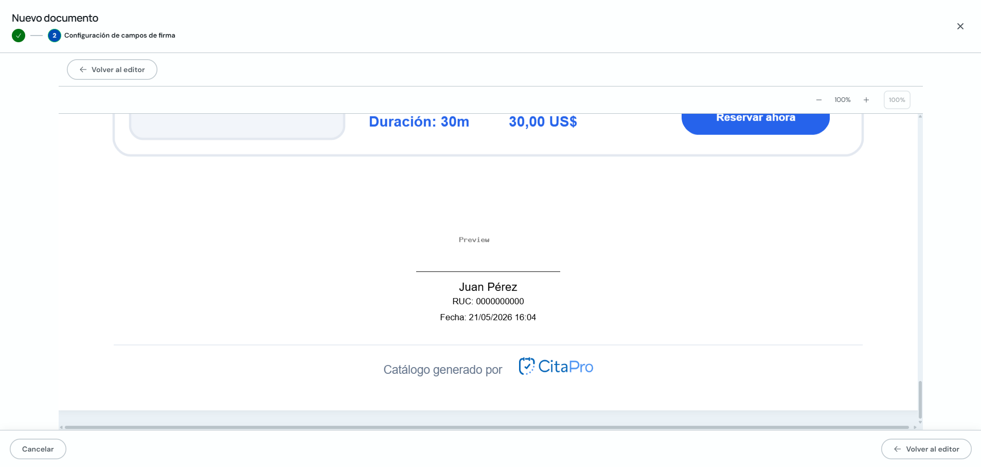 Vista previa del documento de consentimiento con firma