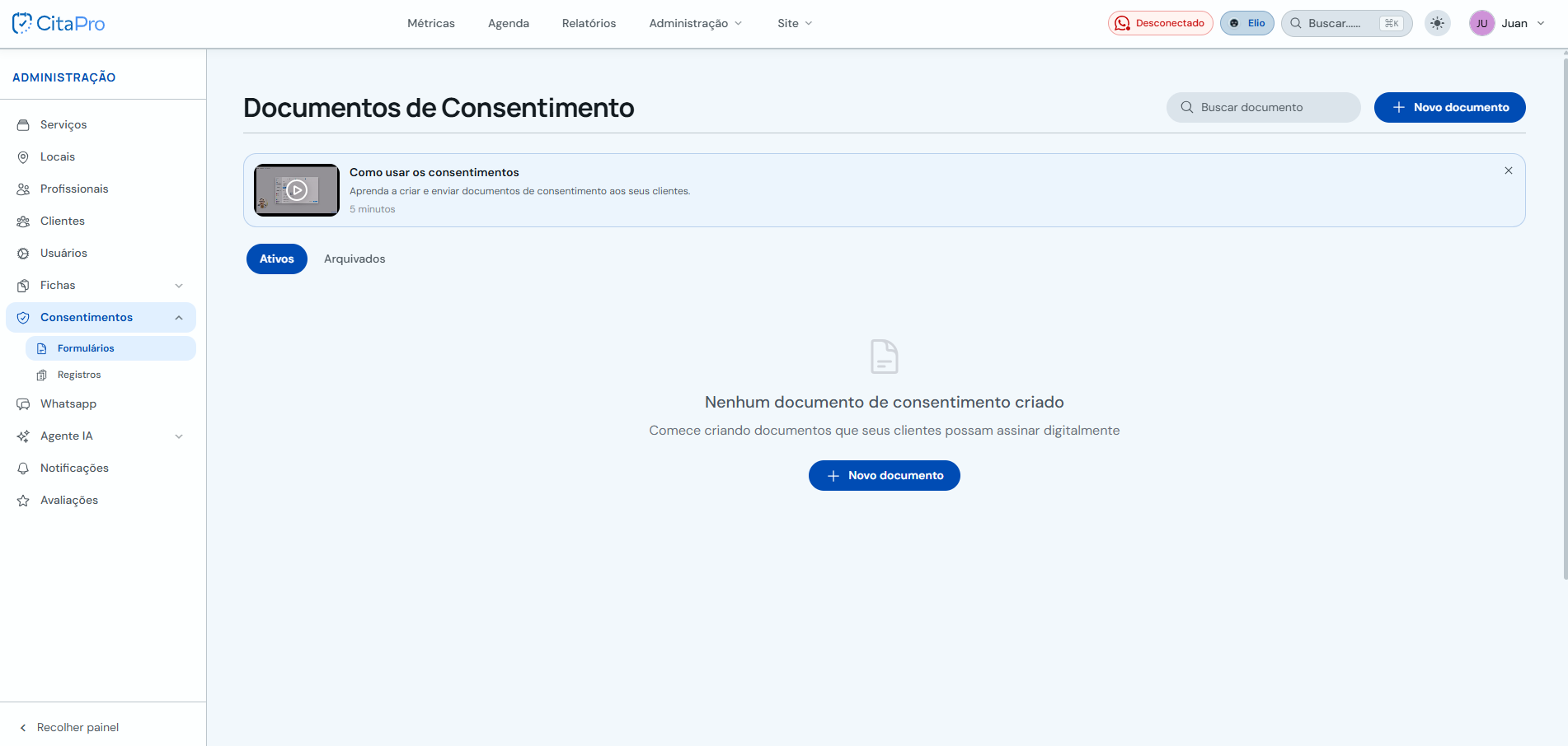 Lista de documentos de consentimento com botão Novo documento