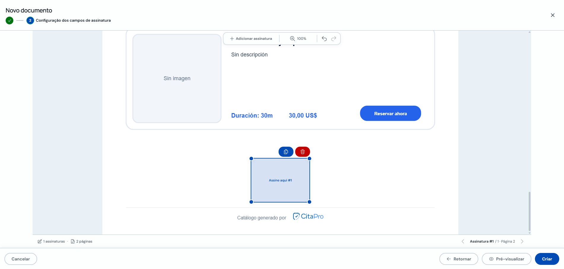 Editor de campos de assinatura no PDF do consentimento
