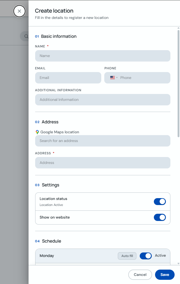 Branch creation form with general details