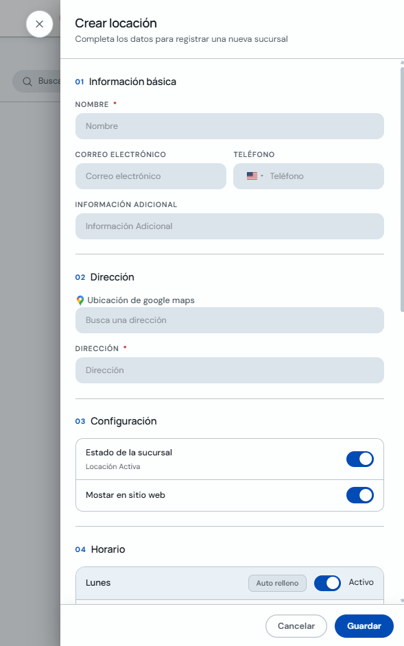 Formulario de creación de sucursal con datos generales