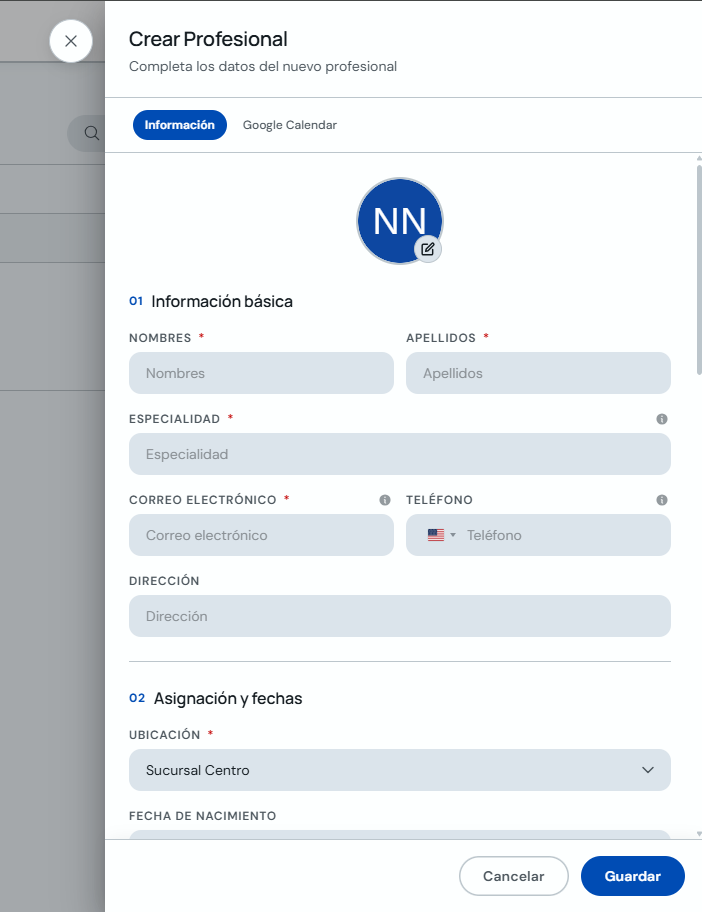 Formulario Crear Profesional con los datos básicos