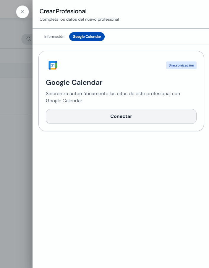 Pestaña Google Calendar al crear un profesional