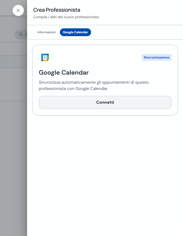 Scheda Google Calendar durante la creazione di un professionista