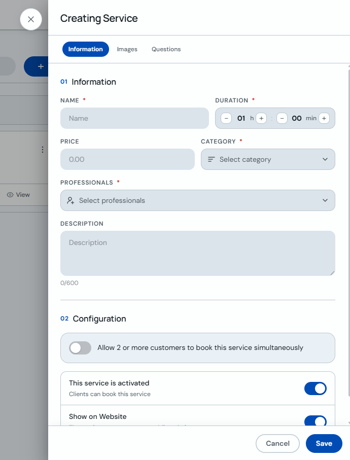 Create service form with name, price and duration
