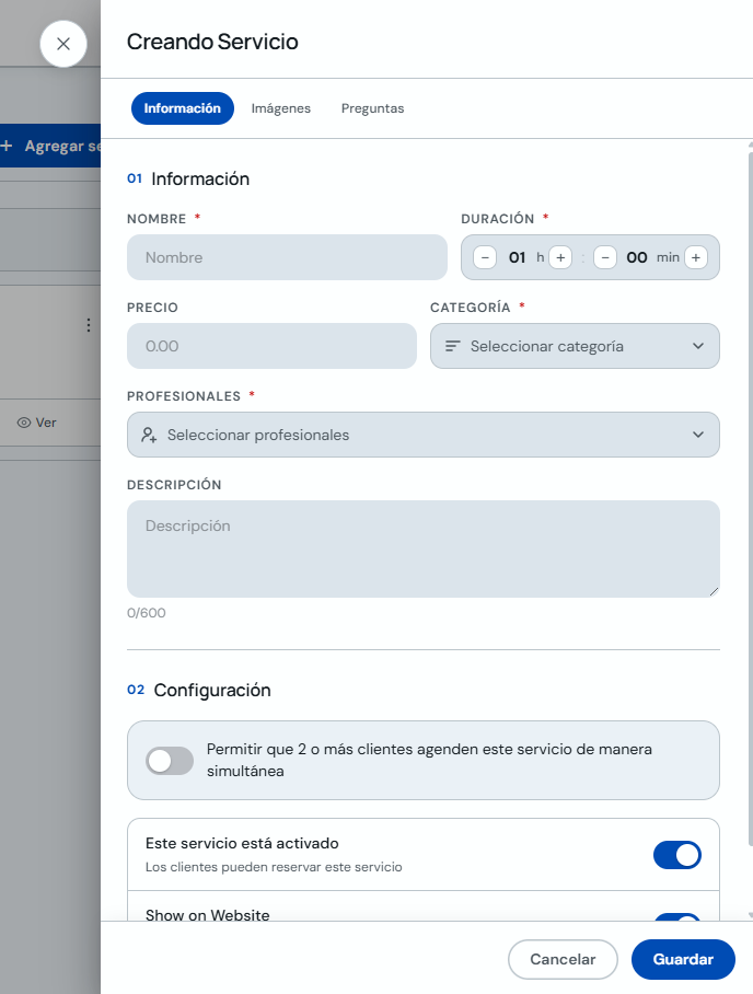 Formulario de creación de servicio con nombre, precio y duración