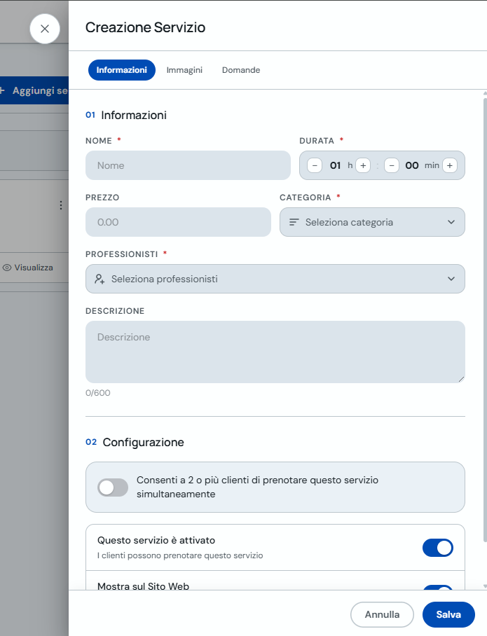 Modulo di creazione servizio con nome, prezzo e durata