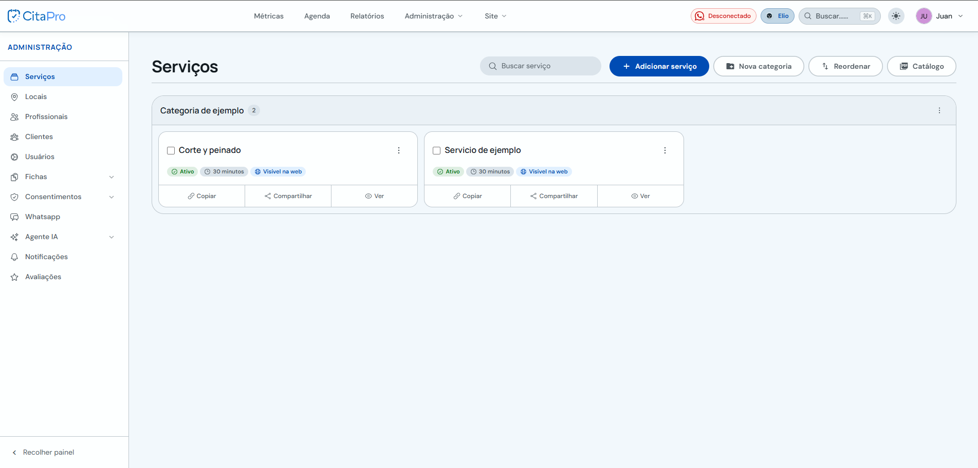 Seção Serviços com o botão Novo serviço