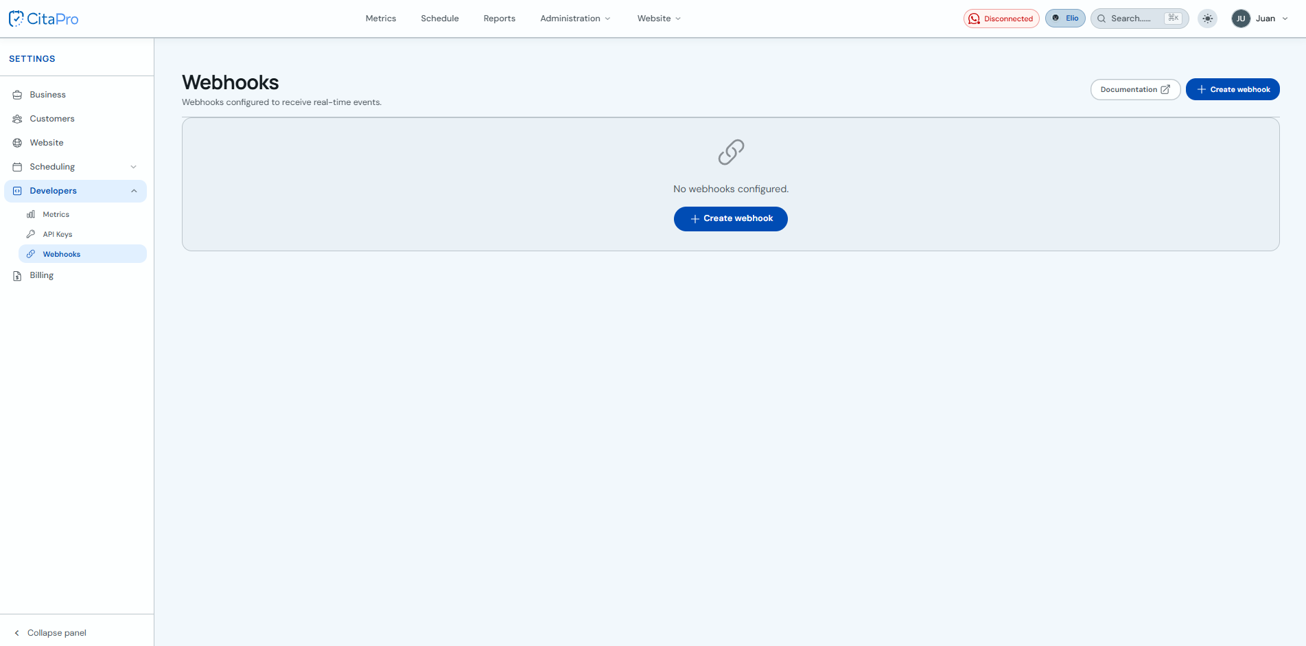 Webhooks section in Settings