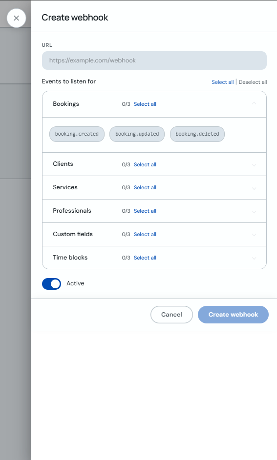 Create webhook form with URL and events