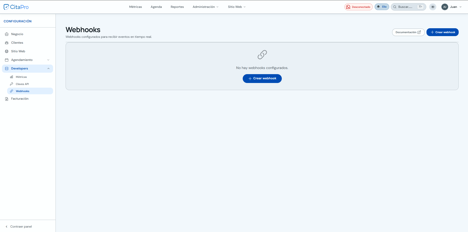 Sección Webhooks en Configuración