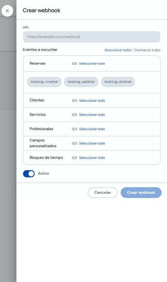 Formulario Crear webhook con URL y eventos