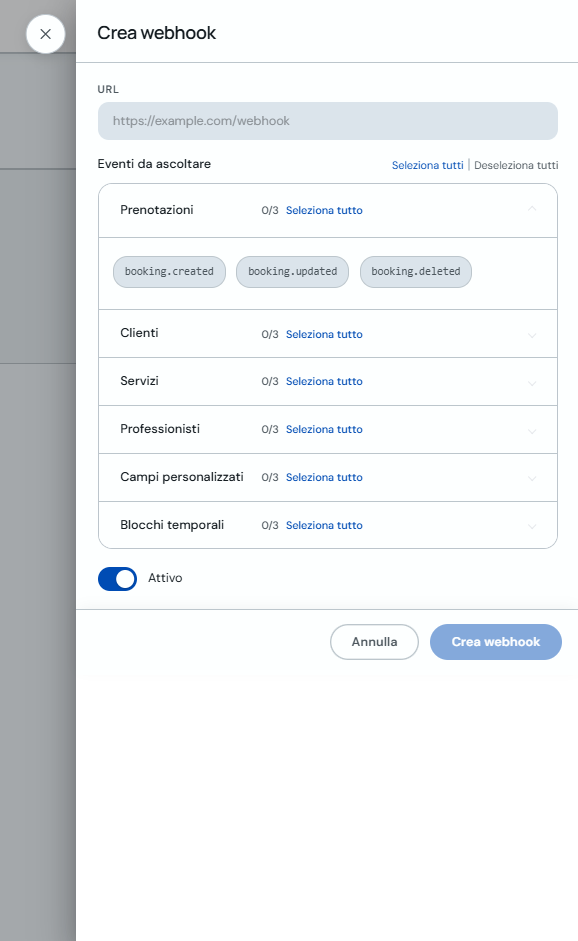 Modulo Crea webhook con URL ed eventi