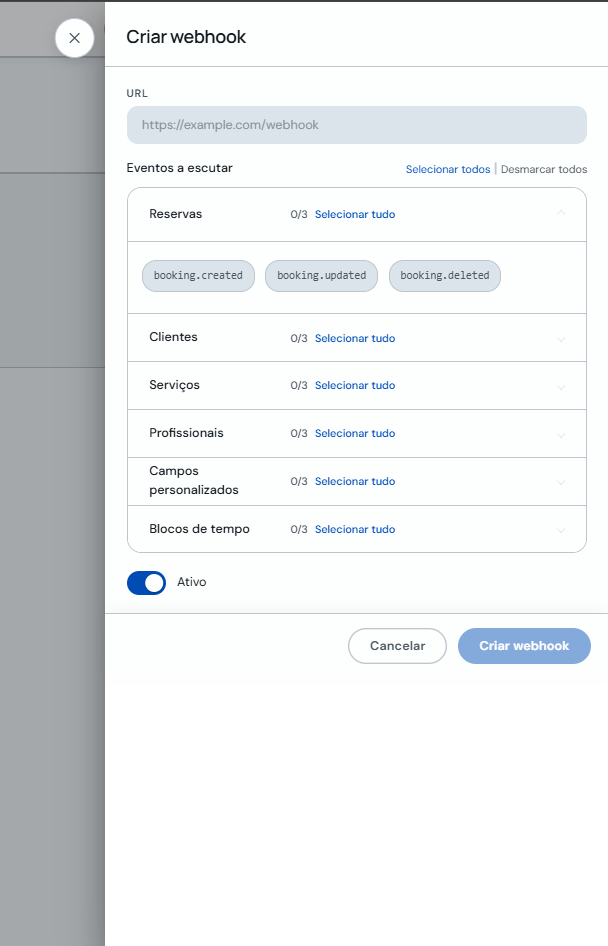 Formulário Criar webhook com URL e eventos